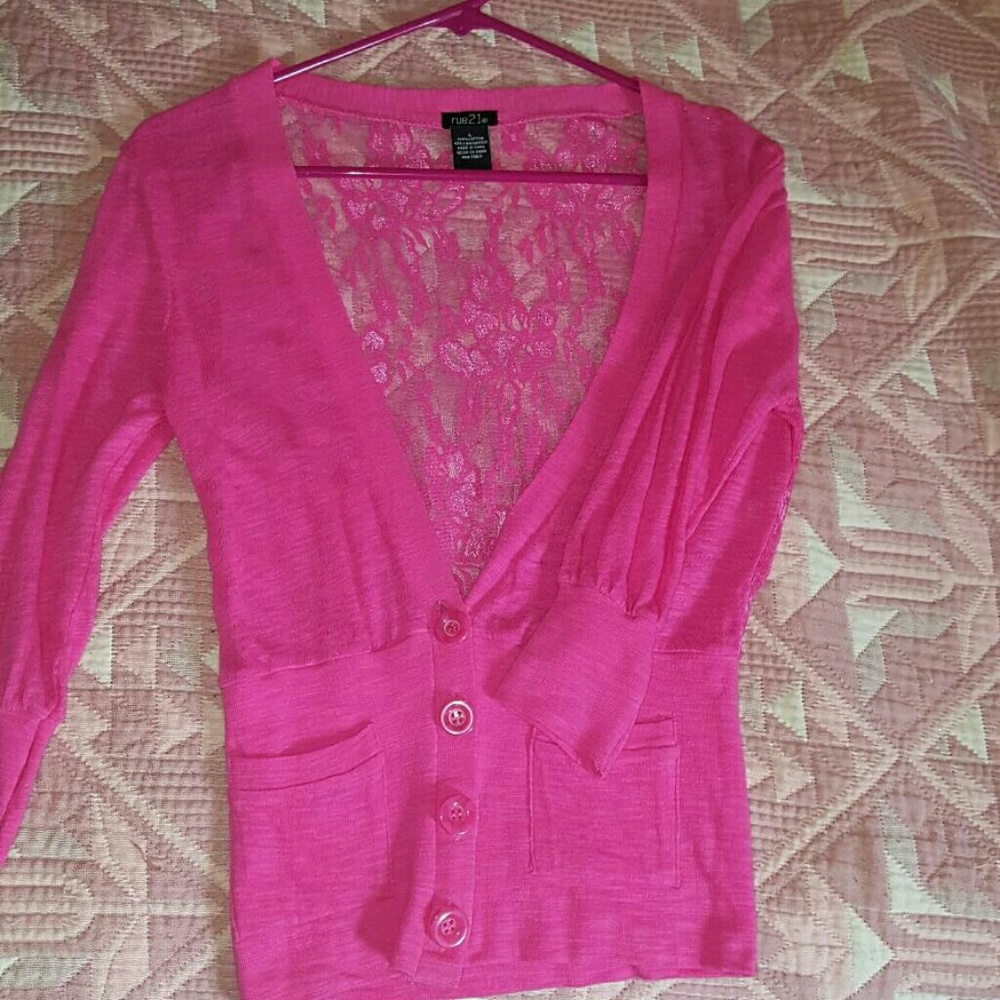 💖 Rue21 Hot Pink Lace Back Cardigan | Size L | Barbiecore Vibes